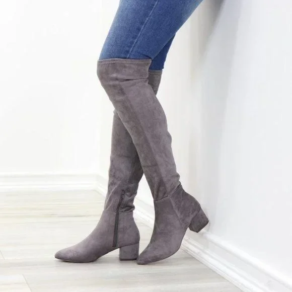 Pointy Toe Over The Knee Gray Boots Faux Suede - Picture 6 of 12